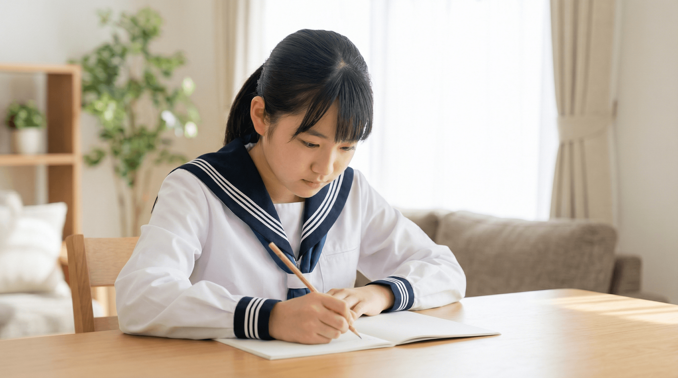 制服を着て机でノートに記入する生徒