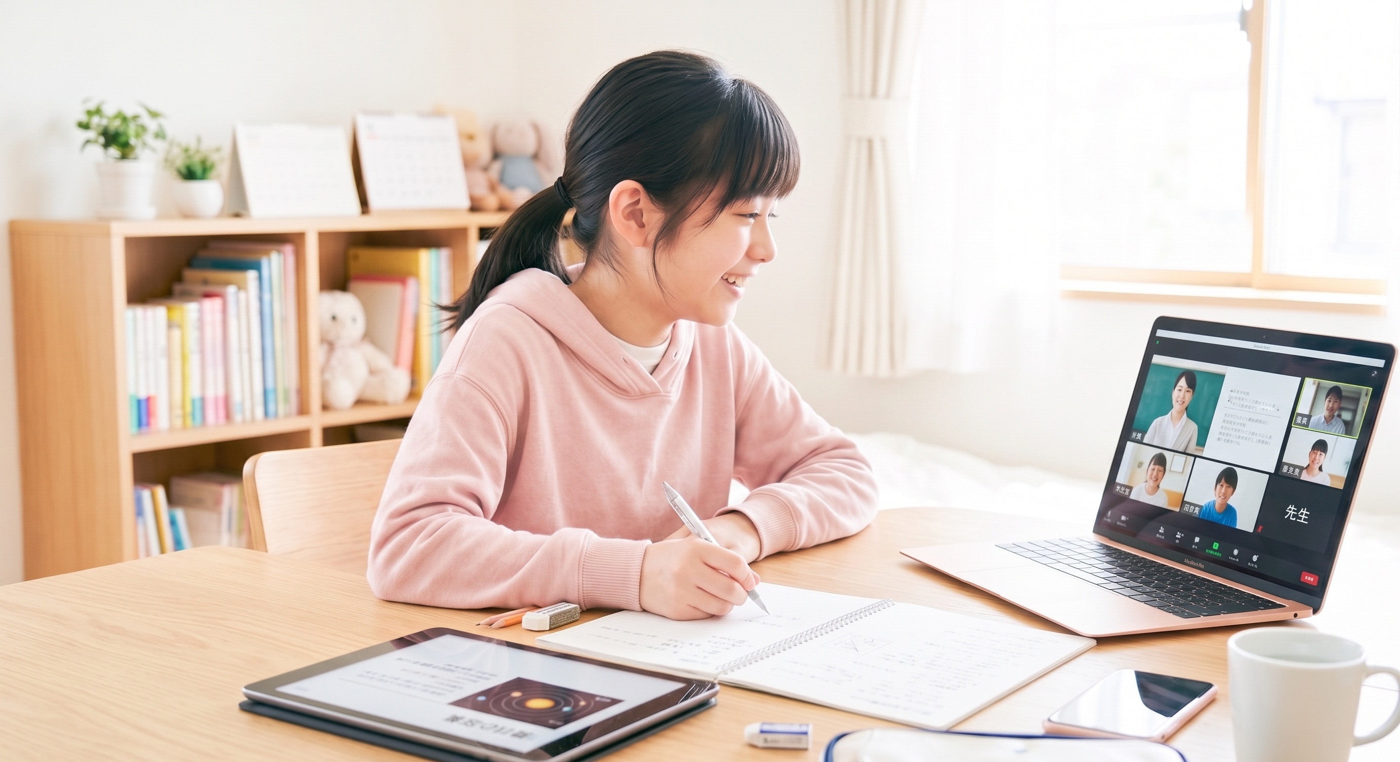 自宅でオンライン授業を受けながらノートに書き込む生徒
